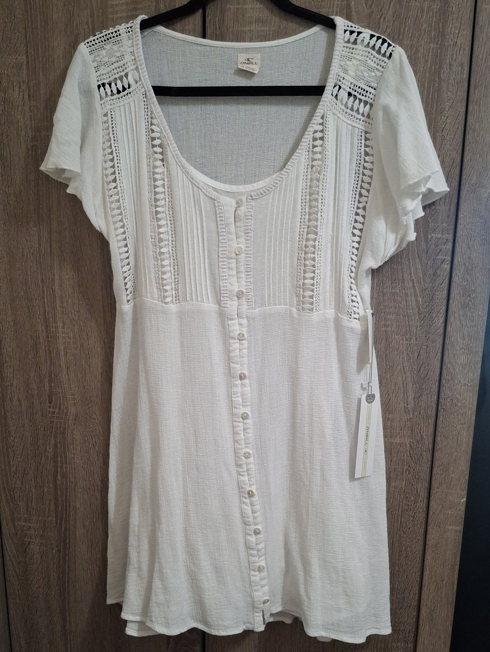 ONEILL White Button-Front Crochet Trim Tunic Top SZ M